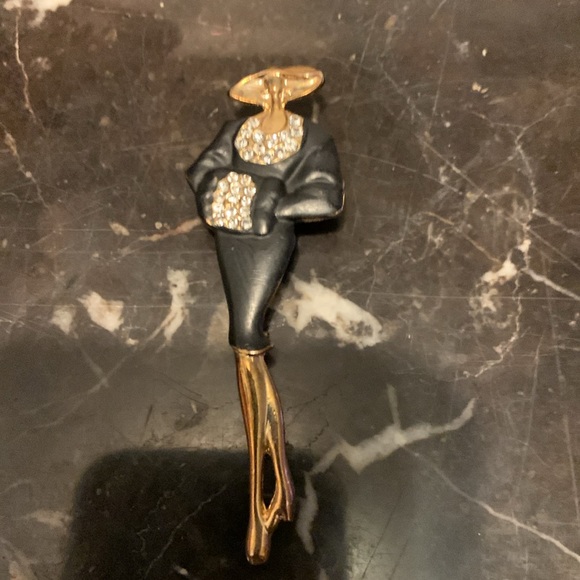 Art Deco Style Posh Lady Pin Brooch in Black Enamel and gold-tone - Picture 4 of 7